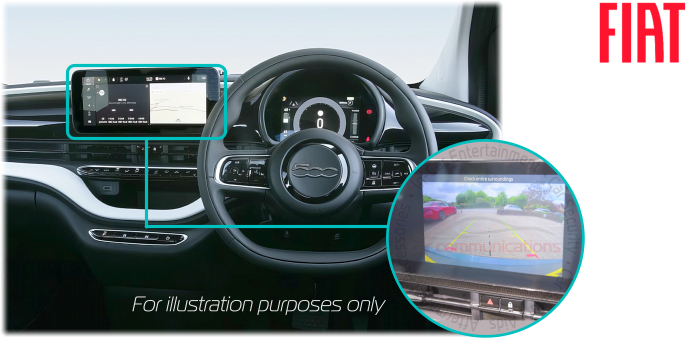 Fiat 500e retrofit reversing rear view camera kit solution - Uconnect 10 Screen